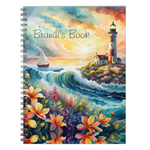 Caderno Espiral Lighthouse Sailboat Floral Beauty Watercolor