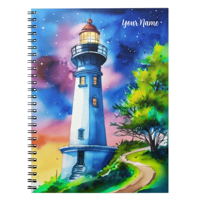 Caderno Espiral Lighthouse Under a Starry Sky (Frente)