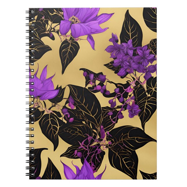 Caderno Espiral Lilac Floral com folhas pretas (Frente)