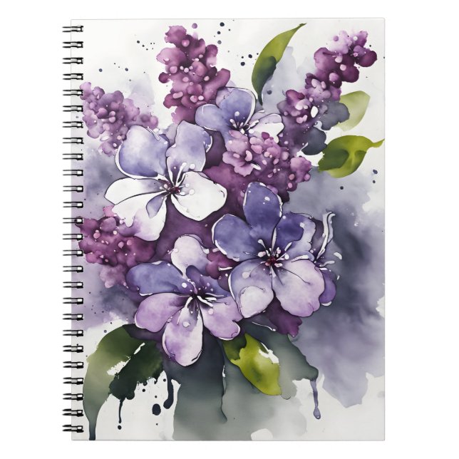 Caderno Espiral Lilac - Watercolor flowers (Frente)