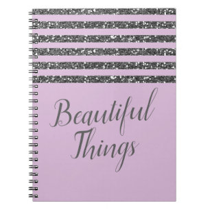 Caderno Espiral Lilás Lavanda Roxo Listras com Brilho Prateado