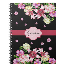 Caderno Espiral Lily e Peony Floral Black