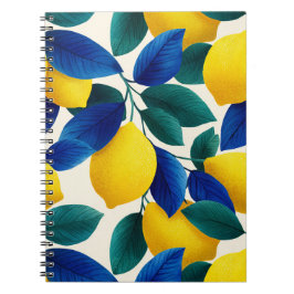 Caderno Espiral Limão Vibrante e Folhas Azuis Padrão de Aquarela