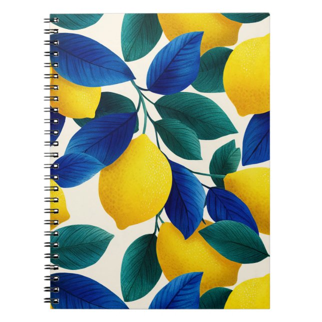 Caderno Espiral Limão Vibrante e Folhas Azuis Padrão de Aquarela (Frente)