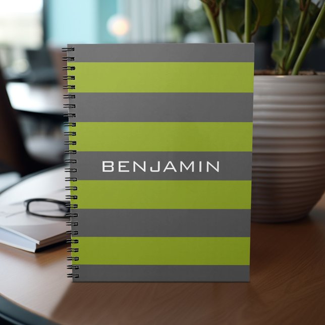 Caderno Espiral Lime Green and Gray Rugby Stripes with Custom Name (Personalized notebook with custom text - add your name and other options)