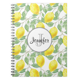 Caderno Espiral Limões Amarelos com Monograma de Padrão de Folhas 