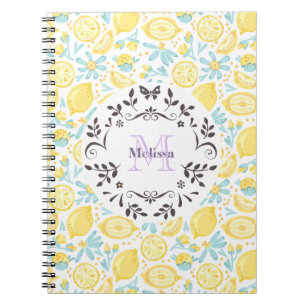 Caderno Espiral Limões amarelos & nome Pastel do monograma das