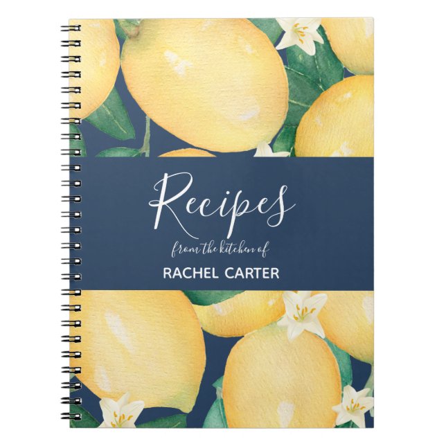 Caderno Espiral Limões Em Receitas Personalizadas Azuis Marinhos (Frente)
