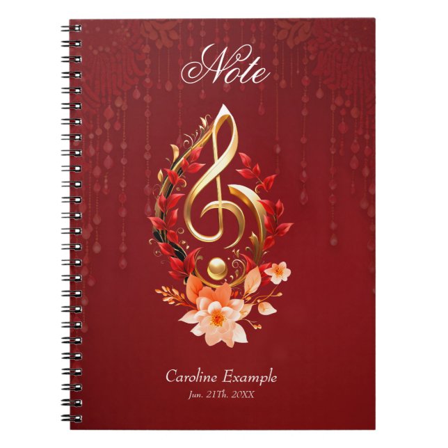 Caderno Espiral Limpa ouro com folhas vermelhas. (Frente)