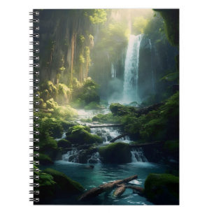 Caderno Espiral Linda Cascata Mágica Realista da Floresta