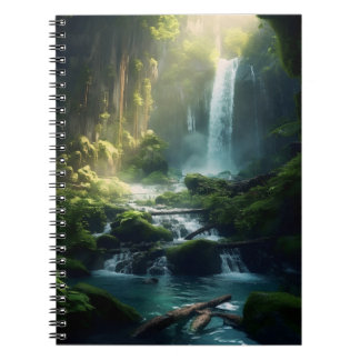 Caderno Espiral Linda Cascata Mágica Realista da Floresta