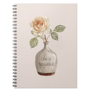 Caderno Espiral Linda Flor de Rosa Bege em Vaso