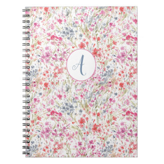 Caderno Espiral Linda flor selvagem Padrão de Aquarela Monograma