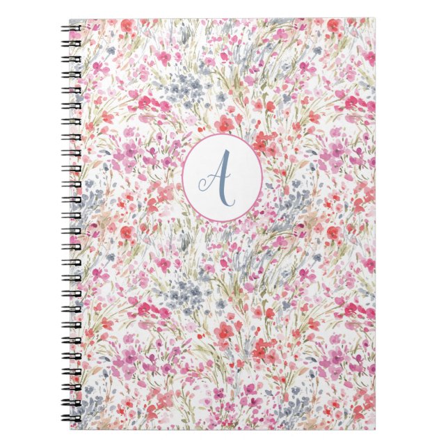 Caderno Espiral Linda flor selvagem Padrão de Aquarela Monograma (Frente)