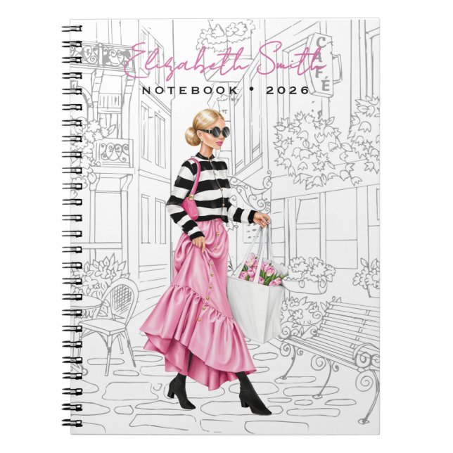 Caderno Espiral Linda Garota da Moda com Bolsa em Paris (Frente)