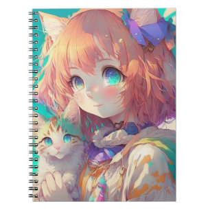 Caderno Espiral Linda Garota de Anime com Gatinho Fofo