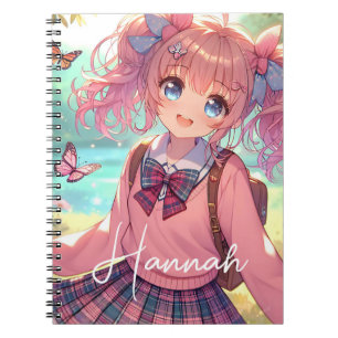 Caderno Espiral Linda Garota de Anime de Tranças Rosa