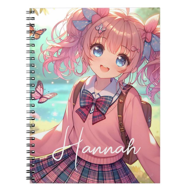 Caderno Espiral Linda Garota de Anime de Tranças Rosa (Frente)
