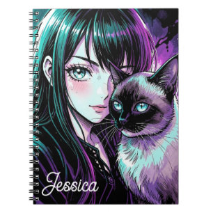 Caderno Espiral Linda Garota de Anime e Gato Siames