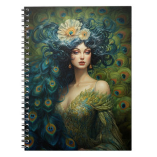 Caderno Espiral Linda mulher cercada por Penas de Peacock