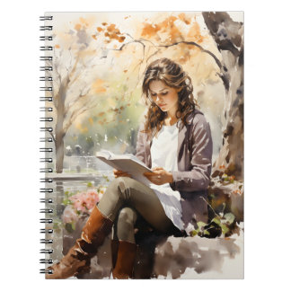 Caderno Espiral Linda Mulher Lendo Um Livro Em Park Watercolor