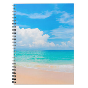 Caderno Espiral Linda praia tropical com céu azul e branco c
