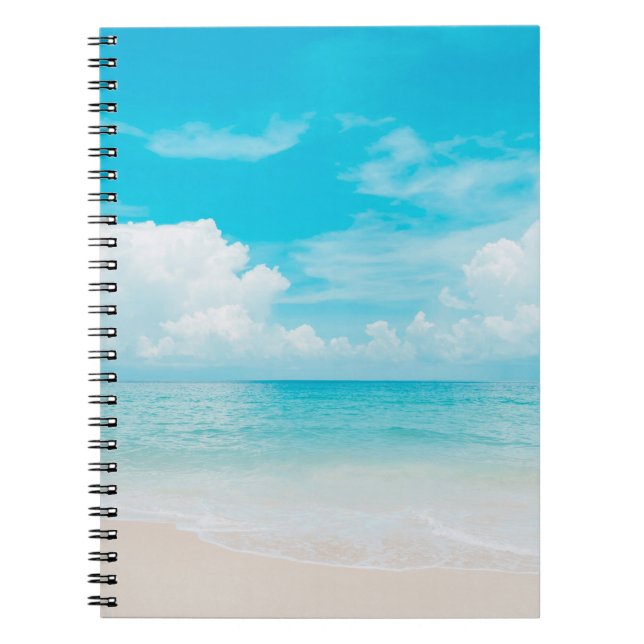 Caderno Espiral Linda praia tropical com céu azul e branco c (Frente)