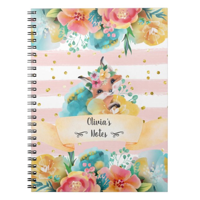 Caderno Espiral Linda raposa aquarela flores delicadas menina diár (Frente)