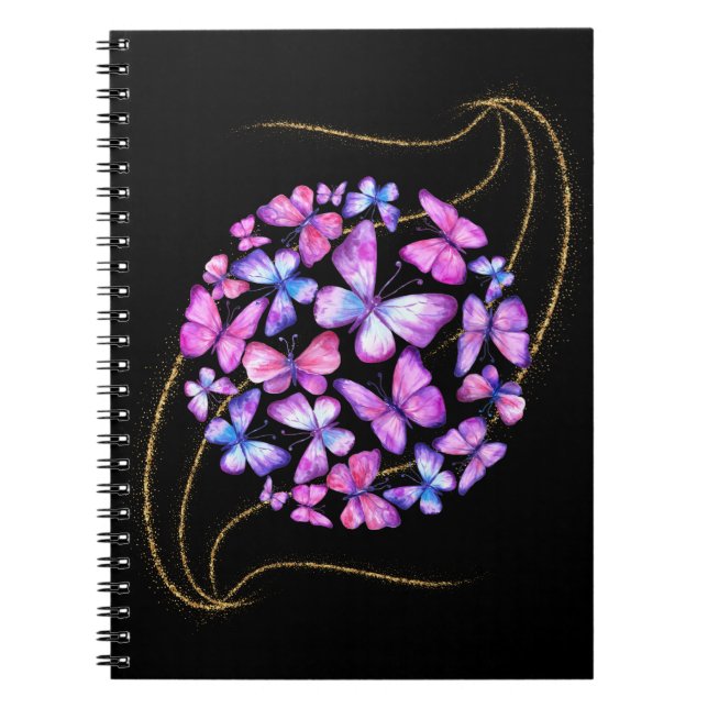 Caderno Espiral Lindas Borboletas de Aquarela com Bling Dourado (Frente)