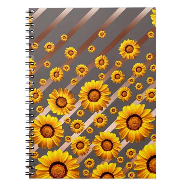 Caderno Espiral Lindas flores amarelas nas cinzas, listras castanh (Frente)