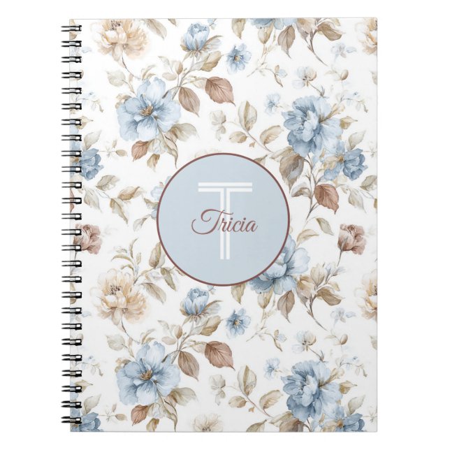 Caderno Espiral Lindas Flores Azuis Creme Bege Marrom (Frente)