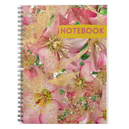 Caderno Espiral lindas flores rosa e detalhes dourados
