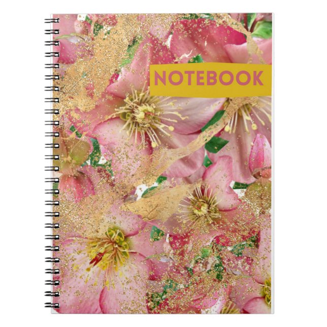 Caderno Espiral lindas flores rosa e detalhes dourados (Frente)