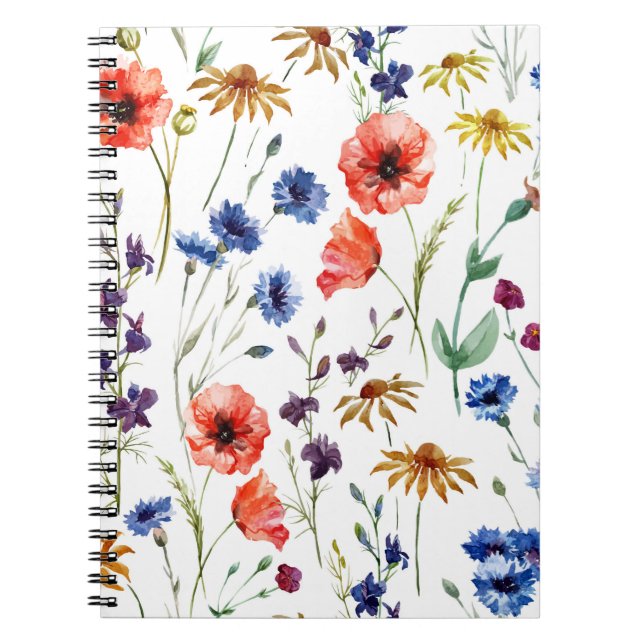 Caderno Espiral Lindas flores silvestres, aquarela, papoila, giras (Frente)