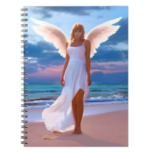 Caderno Espiral Lindas mulheres com anjos em uma praia