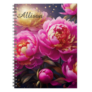 Caderno Espiral Lindas peônias cor-de-rosa com sotaques ouros