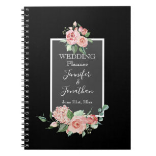 Caderno Espiral Lindas Rosas Rosa no Planejador de Casamento Negro
