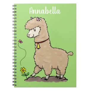 Caderno Espiral Lindo alpaca feliz com desenho animado de borbolet
