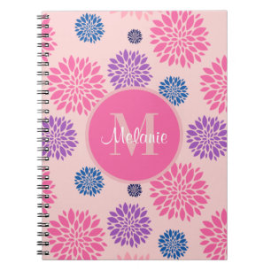 Caderno Espiral Lindo Floral Personalizado Rosa Roxo e Azul