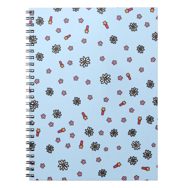 Caderno Espiral Lindo floral rosa e branco com estrelas em azul (Frente)