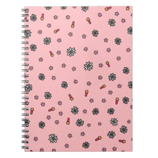 Caderno Espiral Lindo floral rosa e branco com estrelas em coral