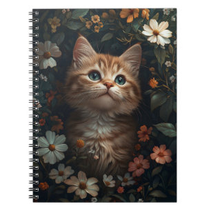 Caderno Espiral Lindo Gatinho Laranja com Flores Silvestres