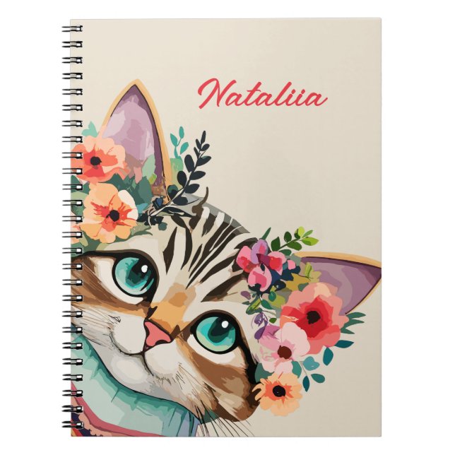 Caderno Espiral Lindo Gato Aquarela Floral (Frente)