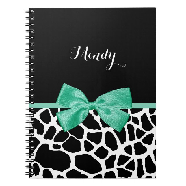 Caderno Espiral Lindo Impressão de Girafa com Laço Verde Menta com (Frente)