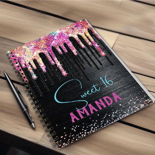 Caderno Espiral Lindo monograma de aniversário de unicórnio preto