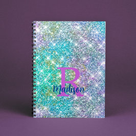 Caderno Espiral Lindo monograma iridescente de unicórnio azul com 