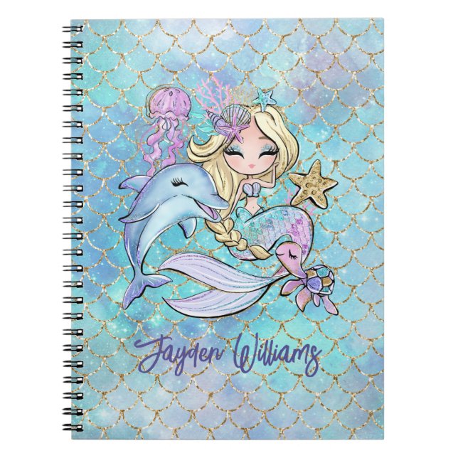 Caderno Espiral Lindo Nome de Menina Azul Rosa Sereia Escola Costa (Frente)