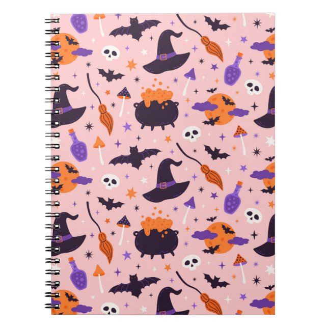 Caderno Espiral Lindo padrão de Halloween roxo e rosa (Frente)