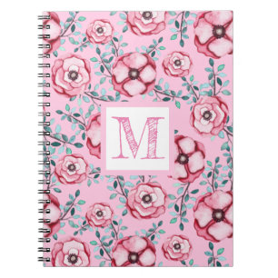 Caderno Espiral Lindo Padrão Floral Monograma Rosa