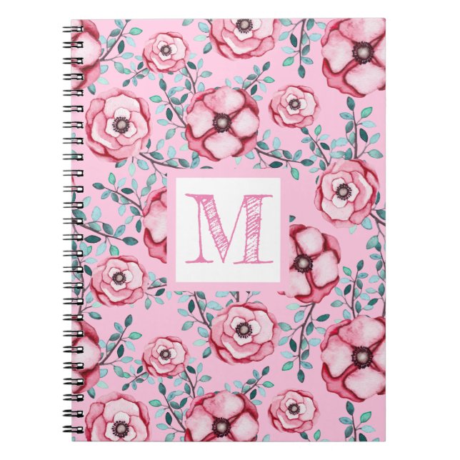 Caderno Espiral Lindo Padrão Floral Monograma Rosa (Frente)